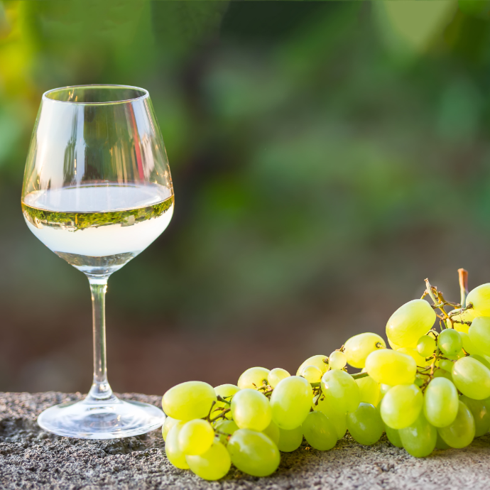 image d'un verre de vin blanc et d'une grappe de raisin blanc